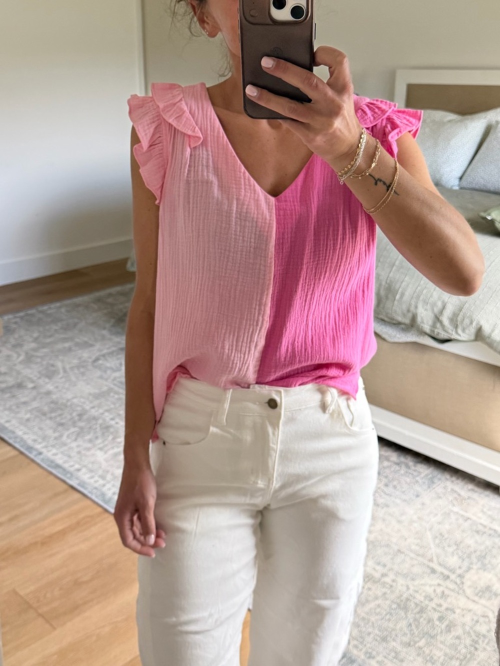 BiBi Two-Tone Pink Ruffle V-Neck Blouse - Picture 3 of 6